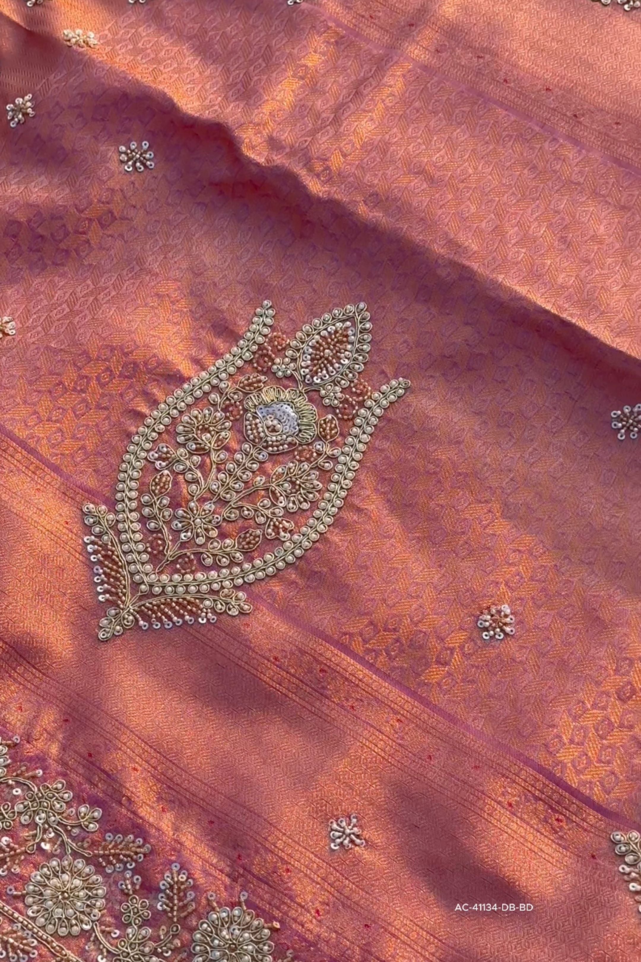 Peach Tissue Unstitched Saree Embellished With Sequins, Thread, Zari, Moti & Cutdana Work